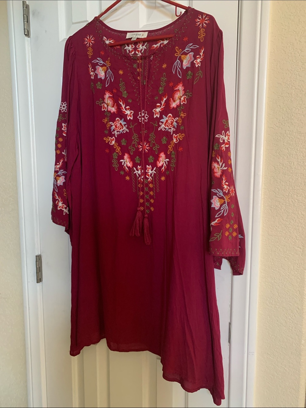Umgee Burgundy Embroidered Boho Tunic Dress